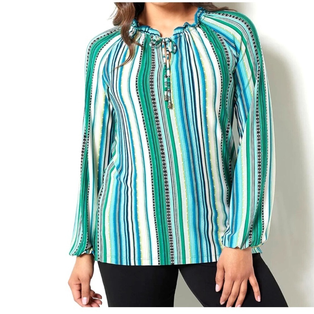 3x20 Susan Graver Green and White Long Sleeve Tie Front Blouse
